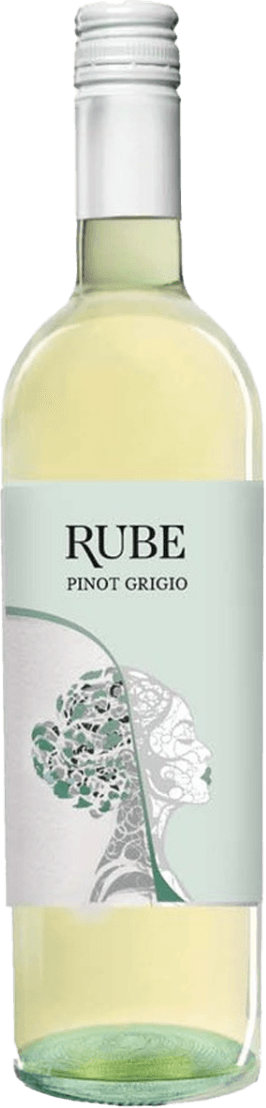 Het label toont een artistieke afbeelding van een profiel van een gezicht met decoratieve groene elementen erin verwerkt. Bovenaan staat de tekst 'RUBE PINOT GRIGIO'.