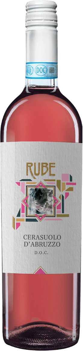 Het label heeft een modern en kleurrijk ontwerp met geometrische patronen. In het midden is er een vierkant met een abstracte afbeelding. De naam 'RUBE' staat bovenaan in grote, gouden letters.