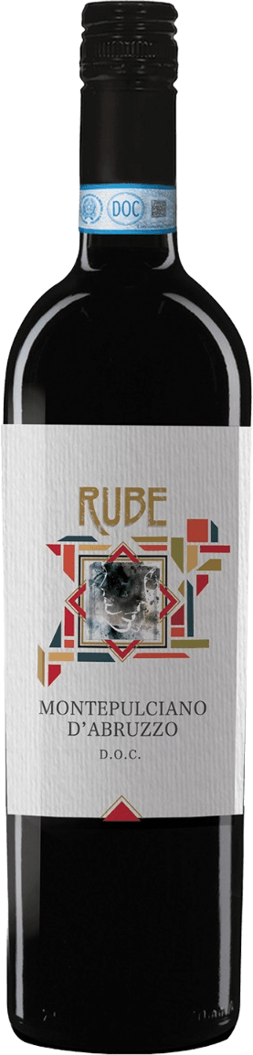 Het label van de wijnfles heeft geometrische patronen in verschillende kleuren, waaronder rood, goud en groen. In het midden is een abstracte afbeelding die lijkt op een schilderij of kunstwerk. De naam 'Rube' staat bovenaan in grote gouden letters.