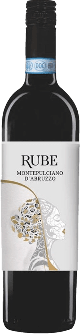 Het label toont een artistieke afbeelding van een profiel van een vrouw met bloemen en bladeren als haar, in een sierlijke en moderne stijl. De naam 'RUBE' en 'Montepulciano d'Abruzzo' staan prominent bovenaan.