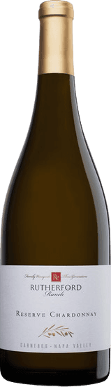 Het label is vrij minimalistisch ontworpen met een witte achtergrond. Het bevat de naam 'Rutherford' in grote letters bovenaan, gevolgd door kleinere tekst die de wijn beschrijft als 'Reserve Chardonnay'. Er is een klein rood vierkant logo met daarin een gestileerde letter of symbool. Onderaan het label staan enkele sierlijke lijnen die lijken op olijftakken of druivenranken.