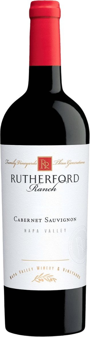 Het label van de wijnfles is wit met zwarte en gouden tekst. Bovenaan staat 'Family Vineyards Three Generations' in een sierlijk lettertype, gevolgd door 'Rutherford Ranch' in grotere letters. Daaronder staat 'Cabernet Sauvignon Napa Valley'. In het midden van het label is er een rood vierkant embleem met de initialen 'RR'. Onderaan is er een olijftakje afgebeeld.