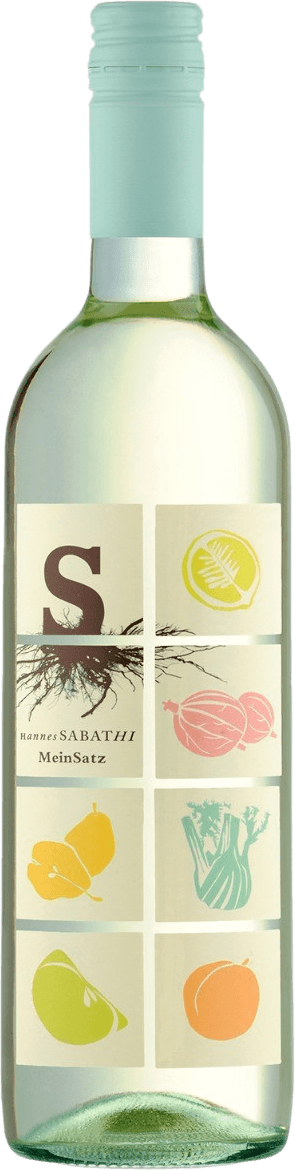 Het label is verdeeld in zes vakken met elk een illustratie van fruit of groente, zoals een peer, sinaasappel en venkel. Links boven staat een grote letter 'S' met daaronder de naam van het wijnhuis en de wijn. Er zijn takken afgebeeld onder de letter 'S'.