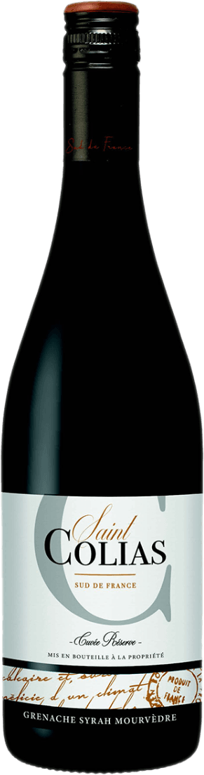 Het label toont een grote, gestileerde letter 'C' op een lichte achtergrond met daaroverheen de merknaam 'Saint Colias' in elegante zwarte en goudkleurige letters. Onderaan het label staat een handgeschreven tekst in goudbruin, wat het een klassieke uitstraling geeft. Er is verder geen afbeelding van dieren, fruit of natuur; de stijl is minimalistisch en traditioneel met typografische accenten.