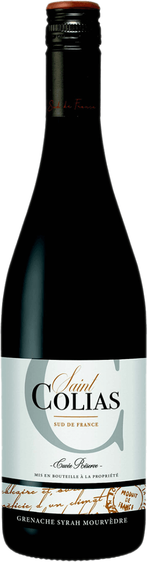 Het label toont de naam 'Saint Colias' in een elegante stijl met een grote letter 'C' op de achtergrond. Onderaan staan de druivensoorten vermeld.