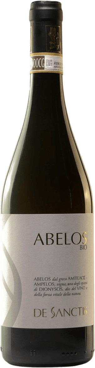 Het label is minimalistisch en elegant met de naam "ABELOS BIO" prominent in het midden. Onder de naam staat een korte tekst in kleinere letters. De achtergrond is lichtgrijs met subtiele grafische elementen.