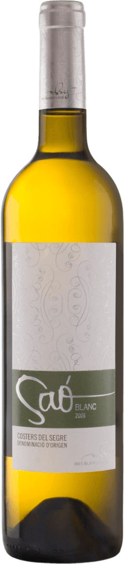 Het label heeft een minimalistisch ontwerp met een witte achtergrond en sierlijke, abstracte lijnen in een lichte tint. Er is een horizontale groene balk met daarop de naam 'Saó Blanc'. De tekst is modern en strak, zonder veel decoratie.
