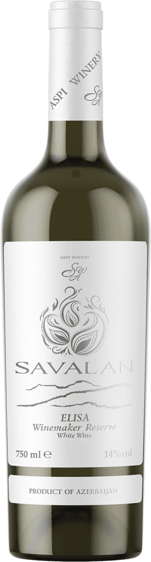 Het label is wit met een subtiel, zilverkleurig reliëf. Centraal staat een sierlijk, abstract embleem dat doet denken aan een gestileerd blad of bloemmotief. Daaronder staat de naam 'SAVALAN' in grote, moderne letters. Onder het logo zijn enkele golvende lijnen afgebeeld, mogelijk verwijzend naar een landschap of vallei. Het geheel oogt strak, elegant en minimalistisch.