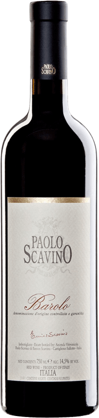 Het label is vrij minimalistisch en elegant. Het bevat de naam 'Paolo Scavino' in grote letters bovenaan, met daaronder het woord 'Barolo'. Er is een subtiele tekening of logo boven de naam, mogelijk een familiewapen of embleem. De achtergrond van het label is licht van kleur.