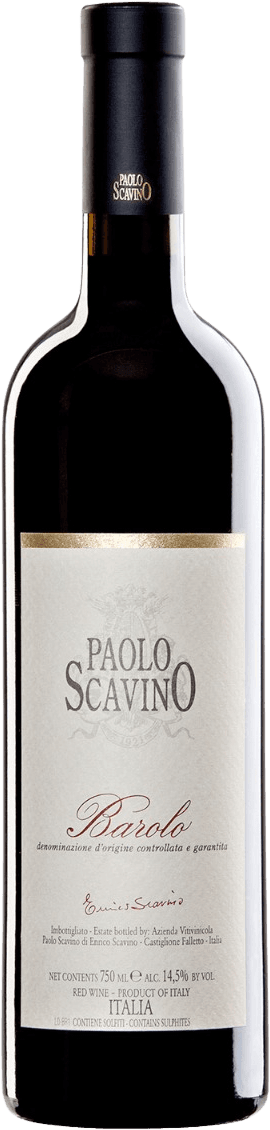 Het label toont de naam 'Paolo Scavino' in grote letters met daaronder 'Barolo'. Er is een subtiel familiewapen boven de naam zichtbaar. Het ontwerp is klassiek en minimalistisch.