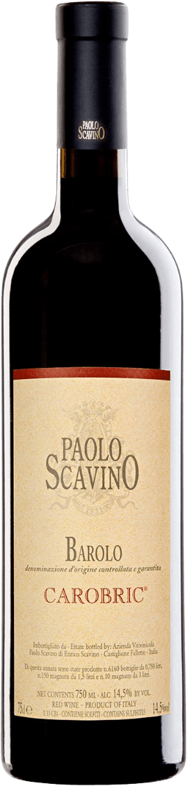 Het label is minimalistisch en traditioneel, met de naam 'Paolo Scavino' prominent bovenaan in grote letters. Daaronder staat 'Barolo', gevolgd door kleinere tekst die details over de wijn geeft. Het label heeft een lichte achtergrondkleur met een subtiele textuur en bevat geen afbeeldingen of illustraties.