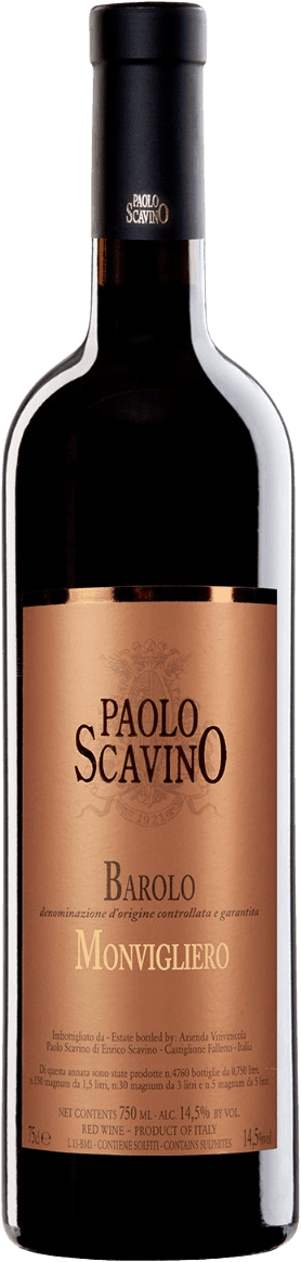 Het label is elegant en minimalistisch met een koperachtige achtergrond. De naam 'Paolo Scavino' staat prominent bovenaan in grote, klassieke letters. Daaronder staan de termen 'Barolo' en 'Monvigliero' in een iets subtielere stijl. Er zijn geen afbeeldingen of decoraties; het ontwerp is strak en tekstgeoriënteerd.