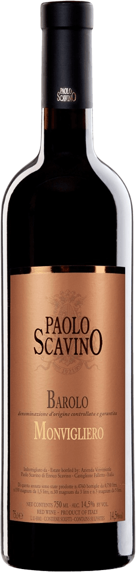 Het label is elegant en klassiek vormgegeven met de naam 'Paolo Scavino' prominent in het midden. Onder de naam staat 'Barolo' en daaronder 'Monvigliero'. Er is een subtiel familiewapen of embleem in de achtergrond verwerkt, wat bijdraagt aan een traditionele uitstraling.