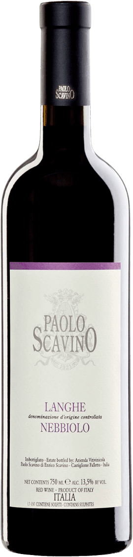 Het label toont de tekst 'PAOLO SCAVINO' prominent in het midden, met daaronder kleinere tekst die aangeeft dat het een Langhe Nebbiolo is. Er is een subtiele afbeelding van een familiewapen of embleem achter de tekst. Het ontwerp is minimalistisch en elegant.