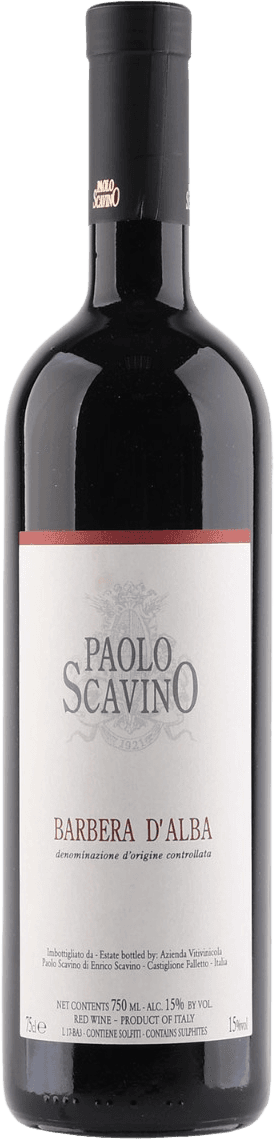 Het label is overwegend wit met een subtiele, klassieke uitstraling. Bovenaan staat de producent 'Paolo Scavino' in grote zilvergrijze letters, met daarboven een licht familiewapen of embleem als watermerk. Onder het logo staat in rood 'Barbera d'Alba'. Het geheel oogt traditioneel en ingetogen, zonder opvallende afbeeldingen of felle kleuren.