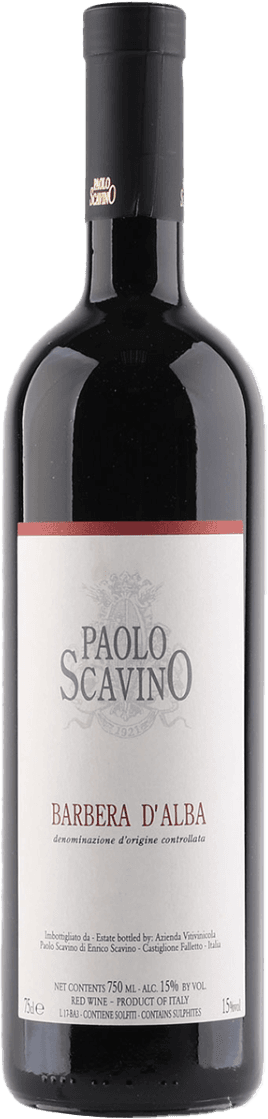 Het label toont de naam 'Paolo Scavino' in grote letters met daaronder 'Barbera d'Alba'. Er is een subtiel familiewapen of embleem zichtbaar boven de naam.
