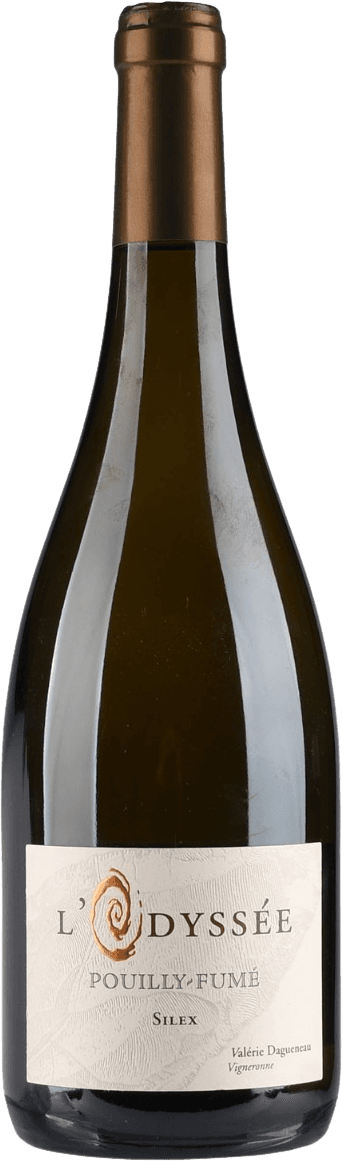 Het label toont de tekst 'L'Odyssée Pouilly-Fumé Silex' met een abstracte, spiraalvormige afbeelding. De achtergrond heeft een subtiele textuur die lijkt op een blad of steen.