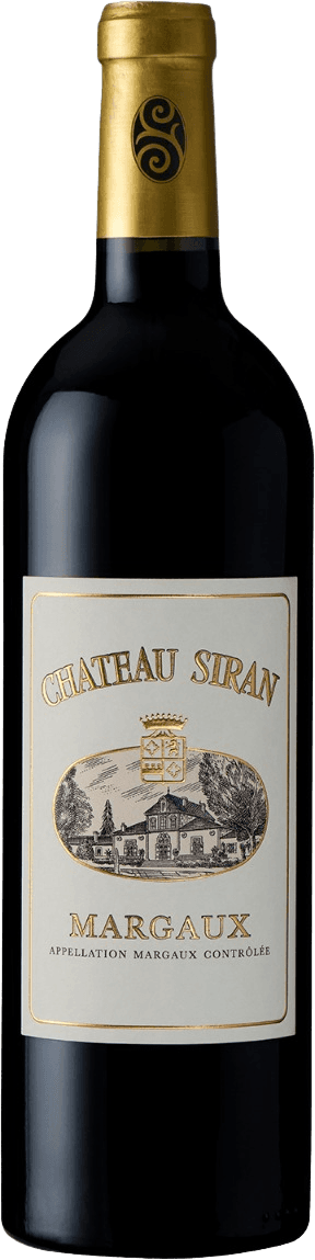 Het label toont een tekening van een kasteel of wijnhuis met daarboven een familiewapen. De naam 'Chateau Siran' staat prominent bovenaan in goudkleurige letters, en daaronder de regio 'Margaux'. Het geheel heeft een klassieke uitstraling.