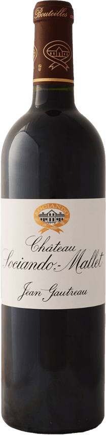 Het label toont een afbeelding van een kasteel in het midden, met daarboven de naam 'Château Sociando-Mallet' in sierlijke letters. Onderaan staat de naam 'Jean Gautreau'. Het ontwerp is klassiek en elegant.