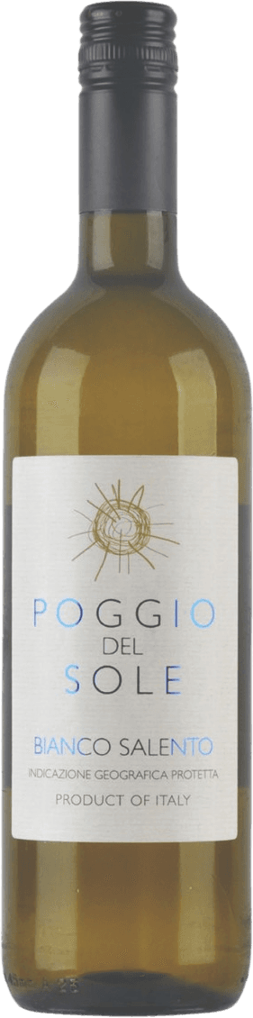 Het label toont een gestileerde zon in goudkleurige lijnen boven de tekst. De merknaam 'Poggio del Sole' staat centraal in grote letters, met daaronder 'Bianco Salento' en aanvullende informatie over de herkomst van de wijn. Het ontwerp is minimalistisch en elegant.