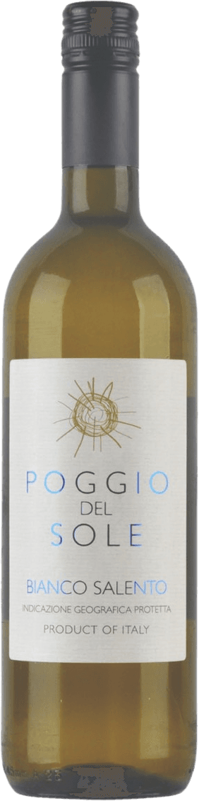 Het label toont een minimalistisch ontwerp met de naam 'Poggio del Sole' in grote letters. Boven de tekst is een gestileerde zon afgebeeld, die symbool staat voor het merk of de wijn. De achtergrond is eenvoudig en licht van kleur, wat bijdraagt aan een strakke uitstraling.