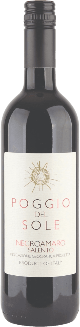 Het label toont een minimalistisch ontwerp met een gouden zonachtig symbool bovenaan. De naam 'Poggio del Sole' is prominent weergegeven in rode letters, terwijl de rest van de tekst in kleinere zwarte letters staat.