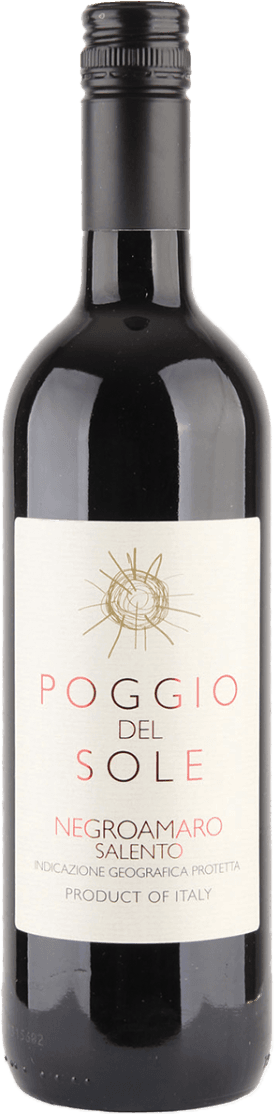 Het label toont de tekst 'Poggio del Sole' met daarboven een abstract zonontwerp in goud. Onder de hoofdtekst staat 'Negroamaro Salento'.