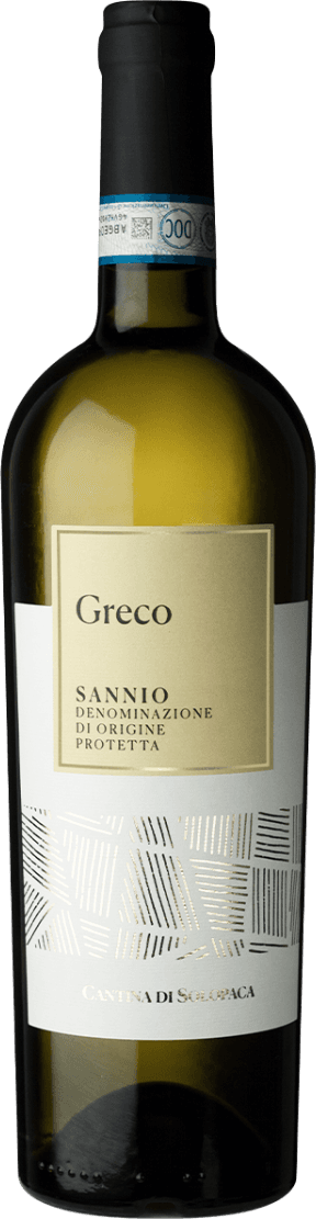 Het label heeft een minimalistisch ontwerp met de tekst 'Greco Sannio Denominazione di Origine Protetta'. Er zijn geometrische patronen in goudkleurige lijnen onderaan het label.