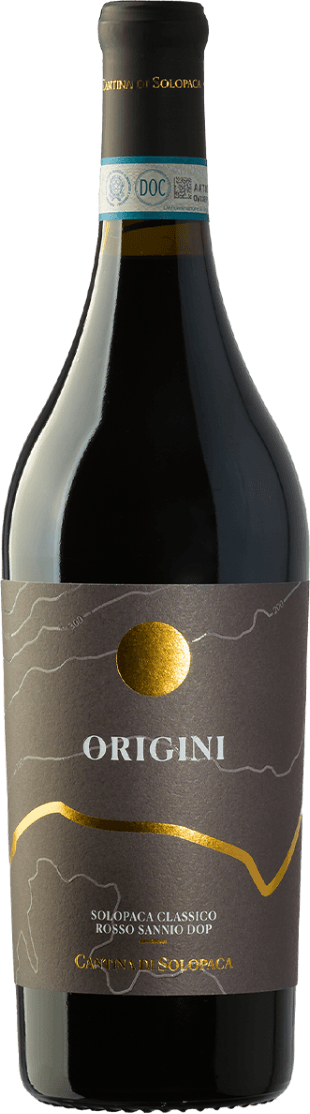Het label is donkergrijs met een gouden cirkel en een golvende gouden lijn. De tekst 'Origini' staat prominent in het midden. Er zijn subtiele, witte contourlijnen die mogelijk een topografische kaart voorstellen.