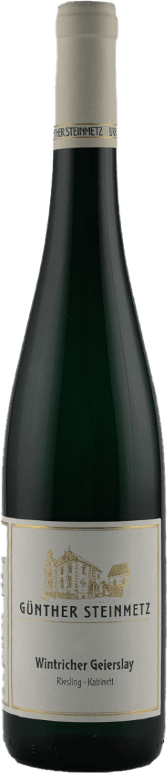 Het label toont een afbeelding van een gebouw, mogelijk een wijnhuis of kasteel, met daaronder de naam 'Günther Steinmetz' en 'Wintricher Geierslay Riesling - Kabinett'.