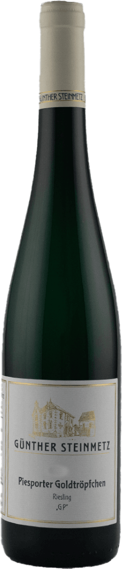 Het label toont een tekening van een gebouw, mogelijk een wijnhuis of kasteel, met de naam 'GÜNTHER STEINMETZ' erboven. Daaronder staat 'Piesporter Goldtröpfchen Riesling GP'.
