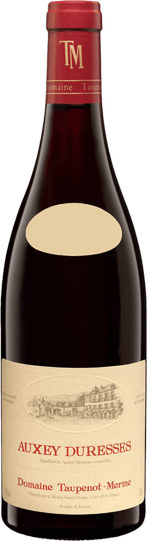 Het label is traditioneel en crèmekleurig met een gedetailleerde lijntekening van een wijnhuis/kasteel in het midden. De naam 'AUXEY DURESSES' staat prominent in rode hoofdletters, met daaronder de producent 'Domaine Taupenot-Merme'. Het geheel heeft een klassieke uitstraling zonder felle kleuren of moderne kunst.