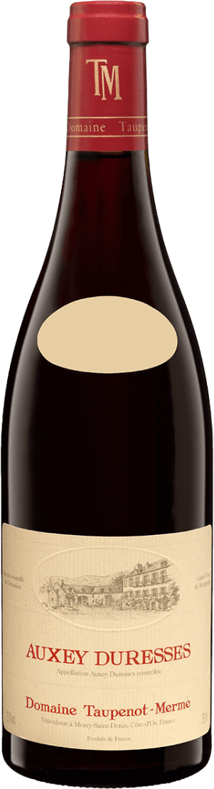 Het label toont een tekening van een traditioneel gebouw of wijnhuis, met de naam 'Auxey Duresses' prominent in rode letters. Onder de tekening staan de woorden 'Domaine Taupenot-Merme'.