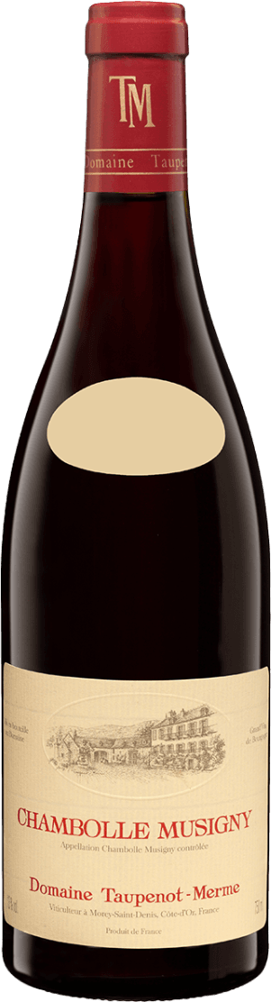 Het label is traditioneel vormgegeven met een beige achtergrond. Centraal op het label staat een gedetailleerde tekening van een klassiek wijnhuis of kasteel, uitgevoerd in een fijn lijnenspel. De naam 'CHAMBOLLE MUSIGNY' springt eruit in grote rode hoofdletters, terwijl de naam van het domein en andere tekstinformatie kleiner onderaan staan. Het geheel oogt rustig, klassiek en straalt authenticiteit uit.