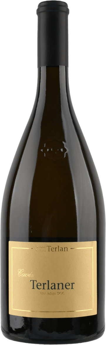 Het label is minimalistisch met een crèmekleurige achtergrond en groene tekst. Er is een eenvoudige gouden rand om de tekst.