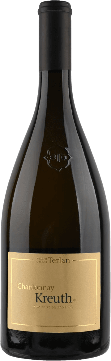 Het label is minimalistisch en elegant, met de naam 'Chardonnay Kreuth' prominent in het midden. Bovenaan staat de naam van de wijnmakerij 'Kellerei Cantina Terlan'. Het label heeft een eenvoudige rechthoekige vorm met een dunne omlijning.