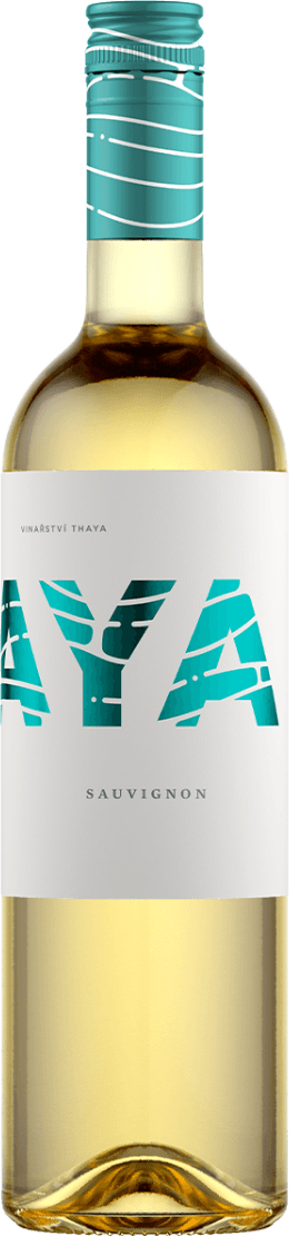 Het label toont grote letters 'AYA' in een moderne, artistieke stijl. Onder de letters staat 'SAUVIGNON' in een minimalistische opmaak.