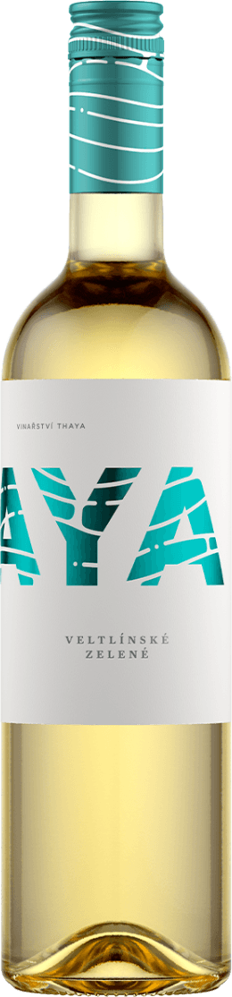 Het label toont grote letters 'AYA' in een moderne, abstracte stijl met een turquoise kleur. De achtergrond is wit met subtiele tekst in een minimalistische opmaak.