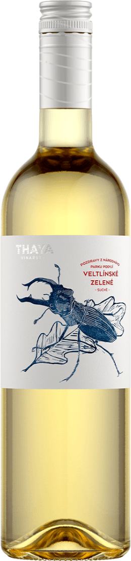 Het label toont een gedetailleerde illustratie van een insect in blauw. Er is ook tekst in rood en wit op het label.