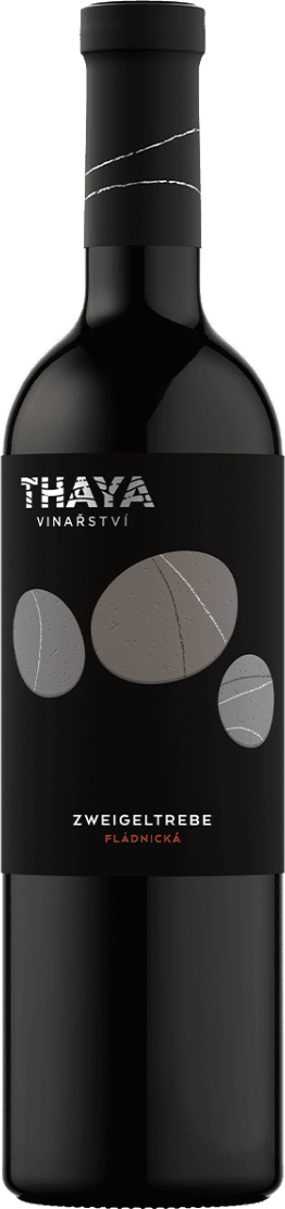 Het label toont abstracte vormen die lijken op stenen of ovale objecten, met een moderne en minimalistische uitstraling. De achtergrond is zwart met witte en grijze elementen, en er is tekst in witte en rode letters.