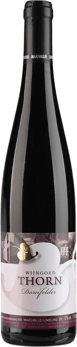 Het label toont een artistieke achtergrond met een gebouw of kasteel en heeft een groot, centraal logo. De naam 'Wijngoed Thorn Dornfelder' staat in grote letters op het label.