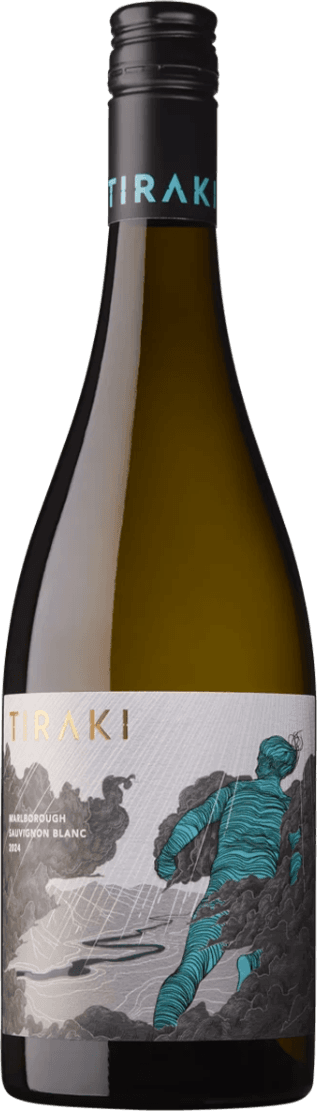 Het label toont een kunstzinnige afbeelding van een persoon in blauwgroene tinten die lijkt te bewegen door een landschap van wolken of rook. De achtergrond is grijs met een dynamisch patroon. De naam 'TIRAKI' staat in grote letters bovenaan het label.