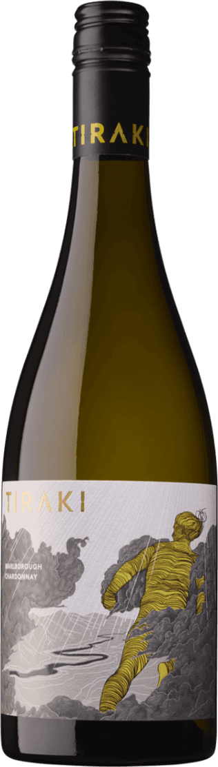 Het label toont een artistieke afbeelding van een man die lijkt te zijn gewikkeld in linten, omringd door wolken. De achtergrond is grijs met een dynamisch patroon. De naam 'TIRAKI' staat prominent bovenaan in goudkleurige letters.