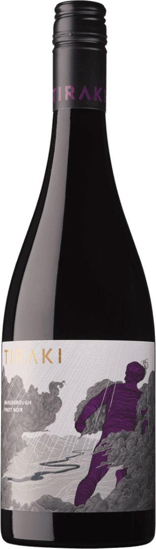 Het label toont een abstracte afbeelding van een paarse figuur die lijkt te rennen of te bewegen door een landschap van wolken of rook. De achtergrond is grijs en wit met een dynamisch lijnenspel. De naam 'TIRAKI' staat in gouden letters bovenaan het label.
