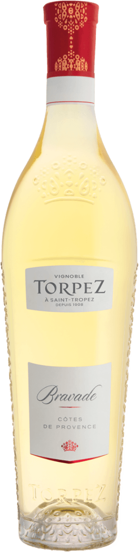 Het label toont de tekst 'Vignoble Torpez' en 'Bravade Côtes de Provence'. Onderaan is een klein kroontje afgebeeld. Het label is minimalistisch en elegant.