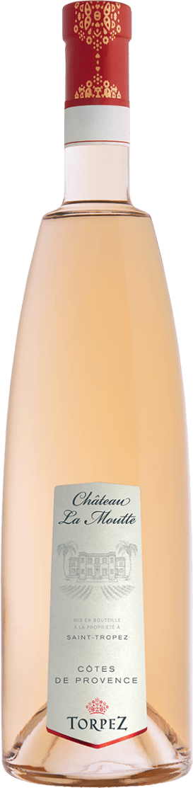 Het label is lichtgrijs en verticaal geplaatst, met sierlijke klassieke letters voor de naam 'Château La Moutte'. In het midden staat een getekende afbeelding van een kasteel of landhuis met palmbomen aan weerszijden. Onderaan staat het woord 'Torpez' in grote letters met een rood decoratief element erboven. Het label straalt elegantie en traditie uit.