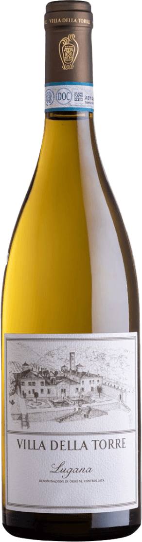 Het label toont een gedetailleerde tekening van een historisch gebouw of wijnhuis. Bovenaan staat de naam 'VILLA DELLA TORRE' in grote letters, met daaronder het woord 'Lugana'. Het geheel heeft een klassieke en elegante uitstraling.