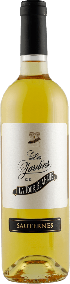 Het label van de wijnfles toont een elegant ontwerp met sierlijke, klassieke letters. Bovenaan is er een afbeelding van een toren of kasteel. De naam 'Les Jardins de La Tour Blanche' is prominent aanwezig in zwarte en gouden letters op een witte achtergrond.