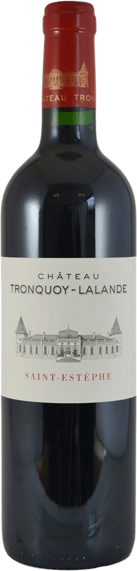 Het label toont een gedetailleerde tekening van een groot, elegant kasteel. De naam 'Château Tronquoy-Lalande' staat boven de tekening in strakke, zwarte letters. Onder de afbeelding staat 'Saint-Estèphe' in rode letters.