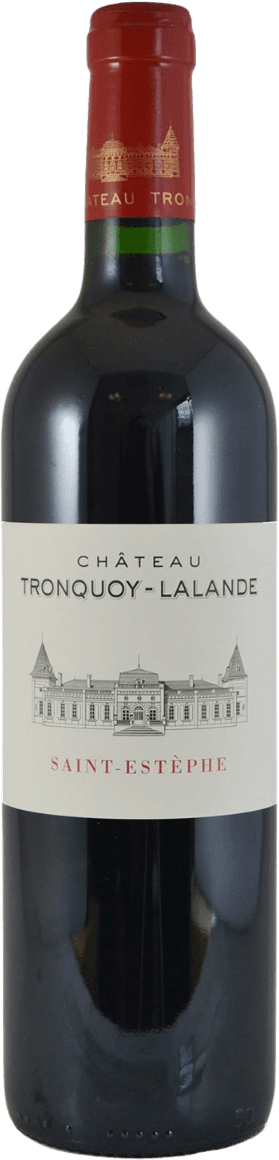 Het label toont een gedetailleerde tekening van een kasteel of wijnhuis. De naam 'Château Tronquoy-Lalande' staat boven de tekening, met 'Saint-Estèphe' eronder. Het ontwerp is klassiek en minimalistisch.